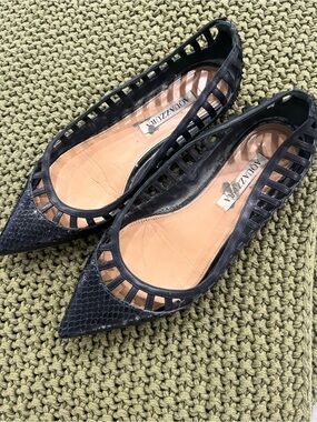 Aquazzura Black Cutout Pointed-Toe Flats with Textured Toe